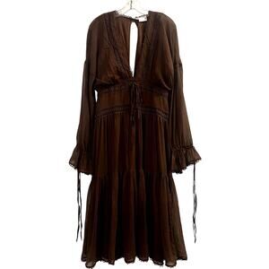 Asos lace insert midi dress blouson sleeve tie detail chocolate brown size 8